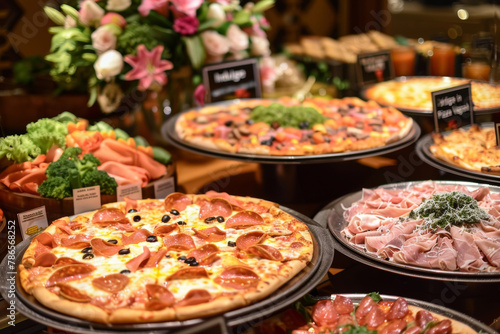 Assorted Pizzas on Buffet Display for Dining