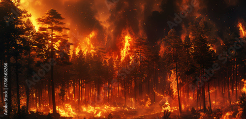 A violent wildfire consumes a forest at dusk, with towering flames and smoke rising against the evening sky. photo