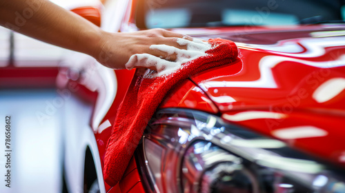 A person is polishing a red car with a red cloth. The car is shiny and clean photo