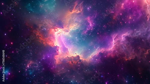 A vibrant space scene showcasing a multitude of stars and swirling clouds, Deep space cloud strewn with a multitude of colors photo