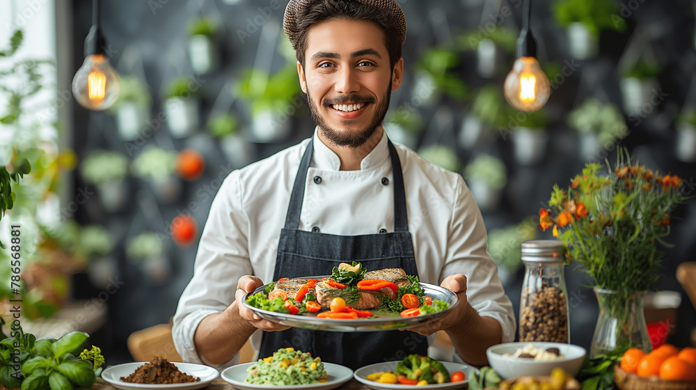 Cooked meat with vegetables. Thin pita, vegetables bread on board. Grilled pork and thyme. Chef demonstrates new dish. Cooked meat with vegetables. Thin pita, vegetables bread on board. Grilled pork and thyme. Chef demonstrates new dish.