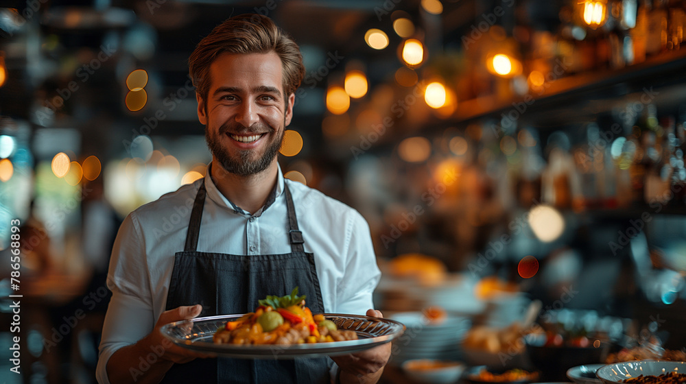 Chef is holding a plate and ready to serve healthy lunch Chef is holding a plate and ready to serve healthy lunch