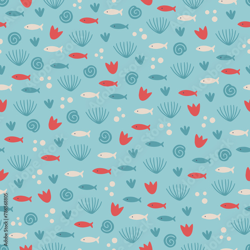 Ocean seamless pattern with seaweeds, fishes and bubbles. Vector illustration