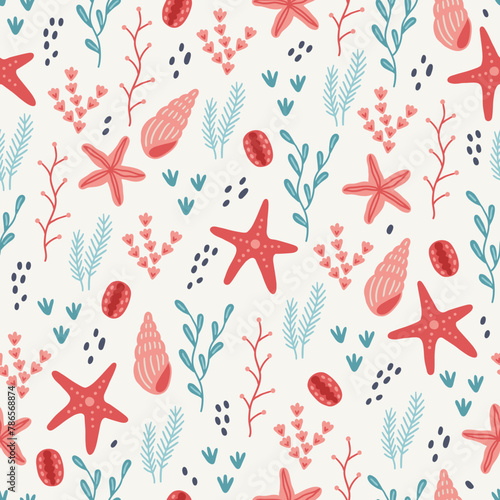 Ocean seamless pattern with shells, seaweeds and starfishes. Vector illustration