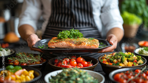 Sea cuisine, Professional cook prepares pieces of red fish, salmon, trout with vegetables.Cooking seafood, healthy vegetarian food and food on a dark background © Cristina