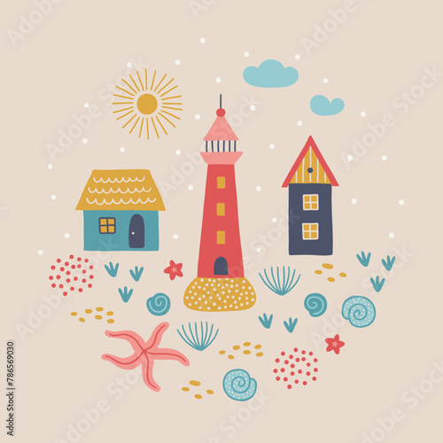 Ocean greeting card with lighthouse, houses, sun, clouds, starfish, seaweeds
