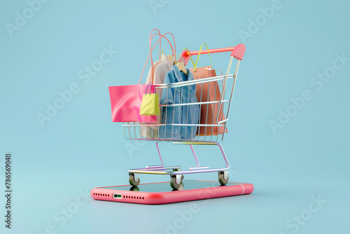 3D render of a shopping cart on a mobile phone, set against a simple background, floating with items like clothes, shirts, and women's bags.