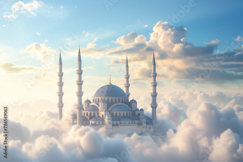 A majestic mosque rendered in 3D, suspended above ethereal clouds against a clear blue sky.