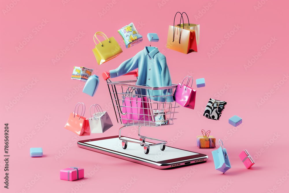 3D render of a shopping cart on a mobile phone, set against a simple background, floating with items like clothes, shirts, and women's bags. 3D render of a shopping cart on a mobile phone, set against a simple background, floating with items like clothes, shirts, and women's bags.