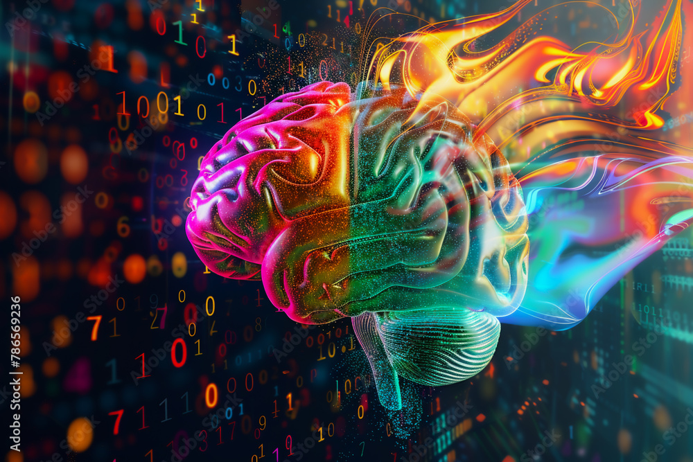 a digital brain concept, left hemisphere featuring data and binary numbers as a background, right hemisphere with abstract colorful digital waves.