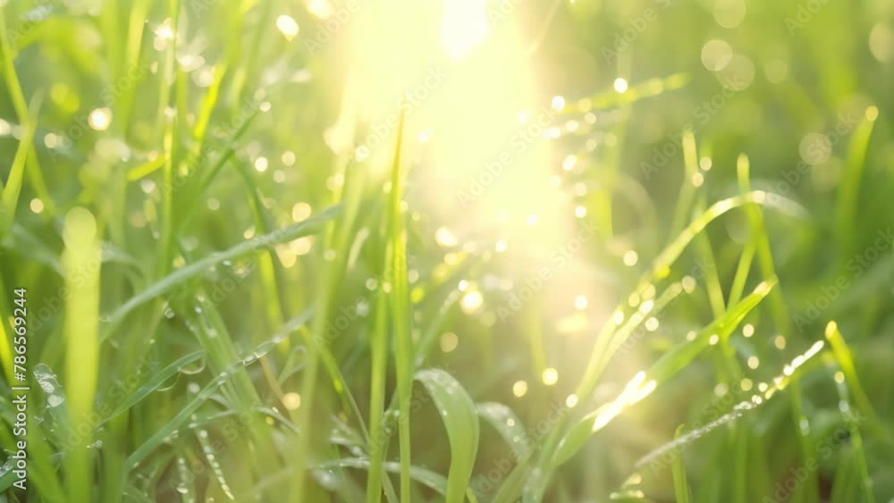 A detailed view of fresh green blades of grass covered in sparkling water droplets, reflecting the sunlight, Dew droplets on morning grass A detailed view of fresh green blades of grass covered in sparkling water droplets, reflecting the sunlight, Dew droplets on morning grass