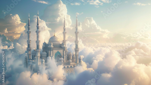 An imaginative 3D visualization of a mosque soaring amidst fluffy clouds, blending fantasy and spirituality. photo