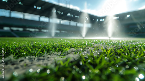 A stadium with a large green field and a sprinkler system watering the grass. The field is empty and the sprinklers.
