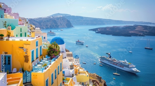 traffic jam of cruise ships inlcuding partial view of the port of a small cycladic island photo