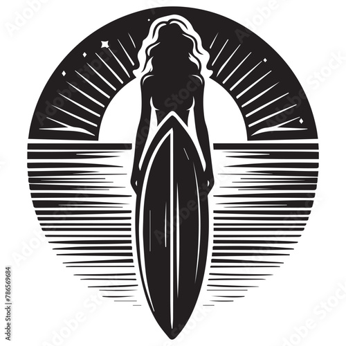 Surf board with bikini girl silhouette vector with solid white background