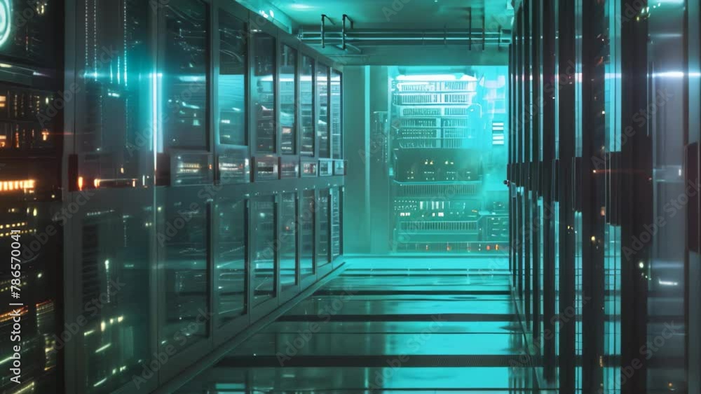A very long hallway filled with numerous bright lights, creating a well-lit and inviting atmosphere, Draw a network attached storage as a futuristic data center A very long hallway filled with numerous bright lights, creating a well-lit and inviting atmosphere, Draw a network attached storage as a futuristic data center
