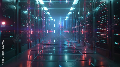 A photo capturing a lengthy corridor filled with numerous bright lights illuminating the space, Draw a network attached storage as a futuristic data center photo