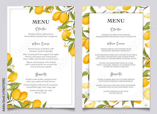 Lemon summer wedding card menu, citrus bridal menu