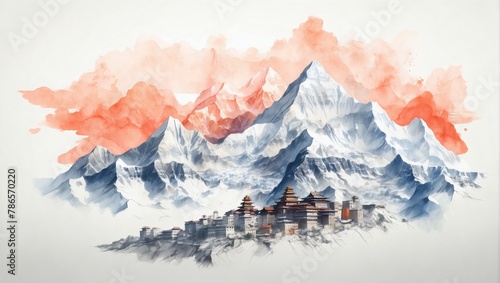 Mount Everest and Kathmandu cityscape double exposure contemporary style minimalist artwork collage illustration.
