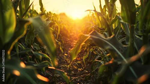 A field of corn is in full bloom with the sun shining brightly on it. The corn is tall and green, and the sun is casting a warm glow on the field. The scene is peaceful and serene