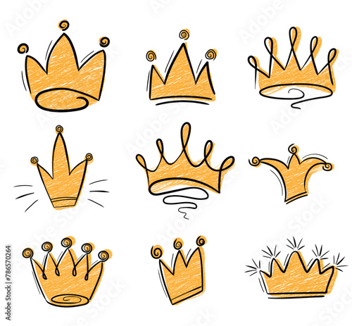 Set of hand drawn crown in brush stroke texture paint style.Crown doodle icon. Vector illustration