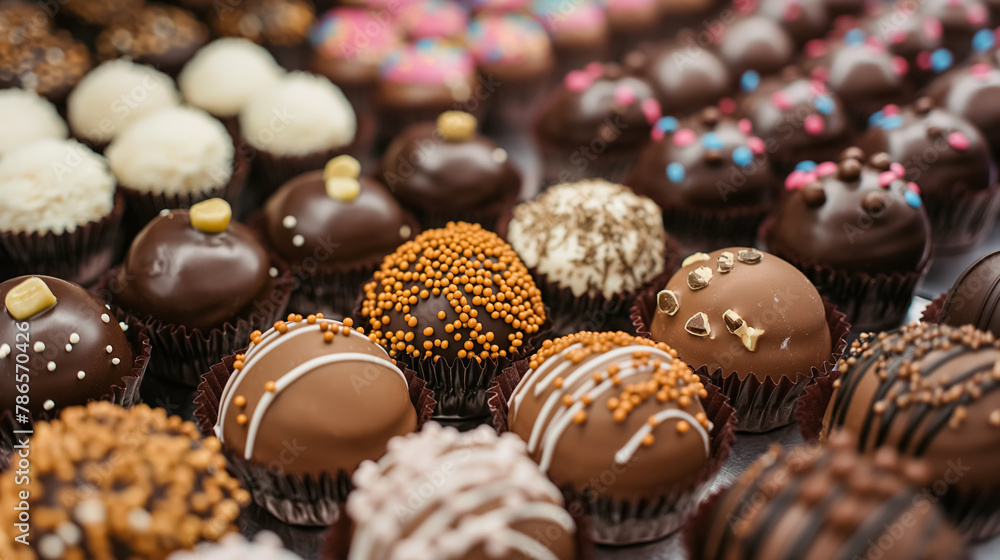 Decadent assortment of chocolate truffles with various toppings and coatings, creating a mouth-watering close-up.