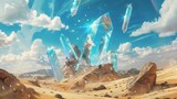surreal desert landscape with giant floating crystals and a mirage oasis digital concept art