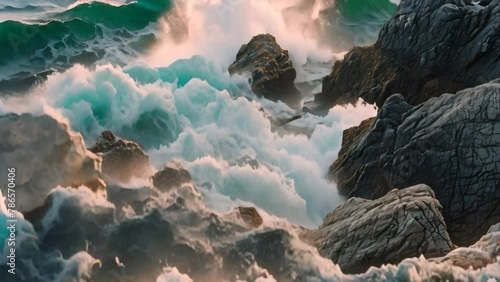 Waves crash forcefully against the rugged rocks of a shoreline, creating a dramatic and dynamic spectacle, Elevated capture of the seas restive dance around the edgy rocks photo