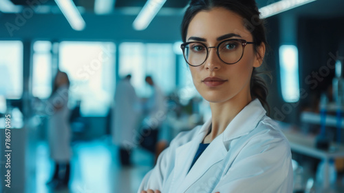 A woman wearing a white lab coat and glasses stands in front of a group of people