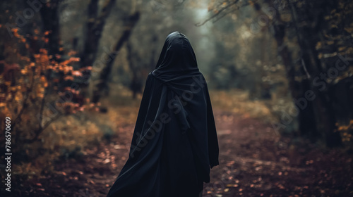 Mysterious figure enshrouded in a black cloak walks down a secluded forest path, shrouded in autumnal colors.