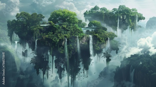 surreal floating islands with waterfalls and lush vegetation digital concept art
