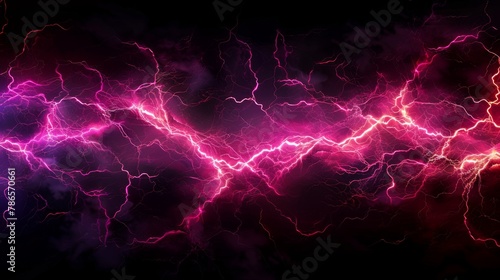 Thunder and thunderstorm against the background of a black sky. Pink lightning strike. Powerful electric flash. Energy of nature.