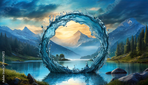 Circle frame made of water. World ocean day. Green plants. Fantasy scenery, Abstract image.