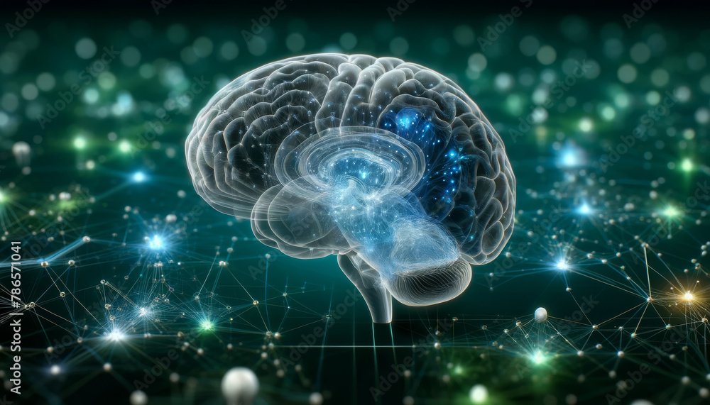 Fototapeta premium Digital Brain Network Visualization with Illuminated Regions in a Cybernetic Concept