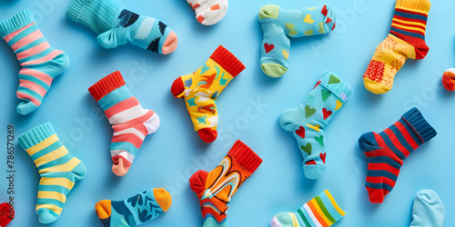 Spring Kids Young Boys Socks Cotton many different mismatched baby kid socks Socks for children and adults Socks of different sizes on blue background  colorful socks with different patterns