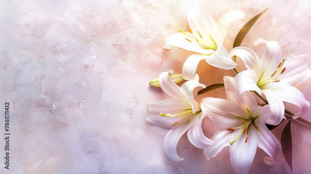 Subtle, pastel background, decorated with delicate white lilies with space for text.