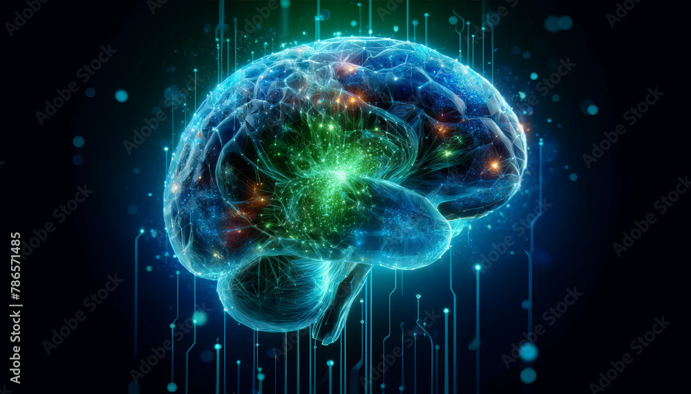 Cybernetic Brain Network with Blue and Green Illumination on a Digital Motherboard Background Cybernetic Brain Network with Blue and Green Illumination on a Digital Motherboard Background