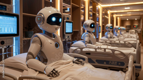 Robots are laying on hospital beds. The robots are white and have a robotic appearance. Scene is futuristic and somewhat eerie