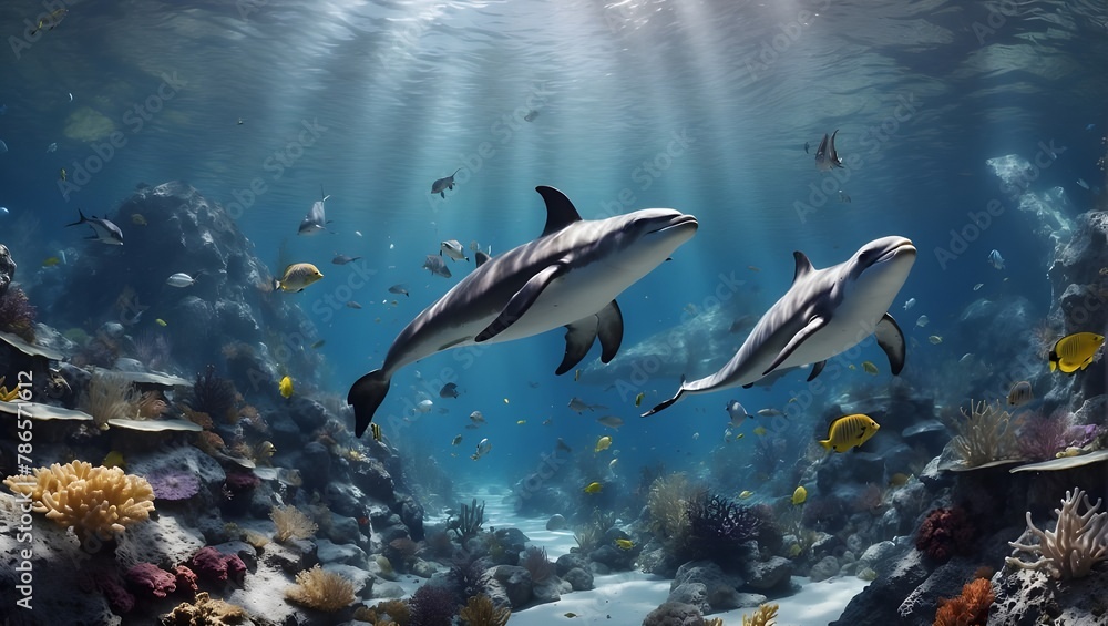 Fototapeta premium fishes and sharks in water 