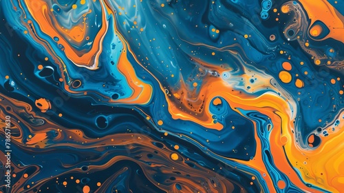 vibrant orange and blue abstract marbling oil acrylic paint background fluid art illustration