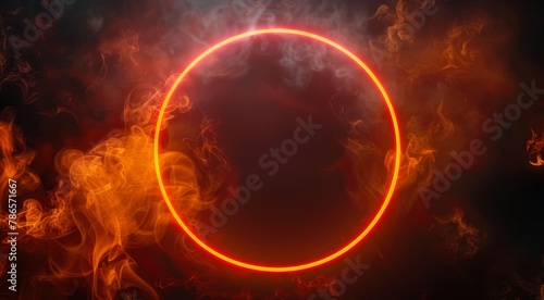 Neon ring light with smoke on a black background. Orange magic circle frame. Round laser led border.