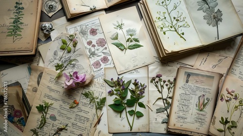 vintage botanical illustration collage with antique floral drawings pressed flowers old book pages and ephemera