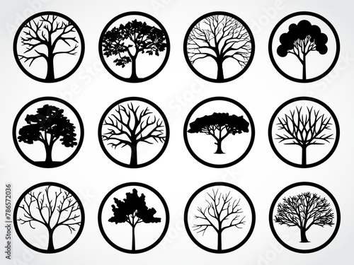 silhouette tree set  tree in circle logo design