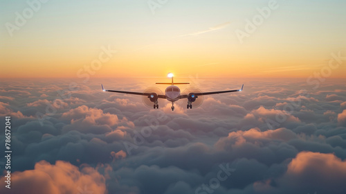 Commercial airplane flying towards the sunset above a sea of fluffy, white clouds photo