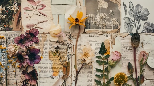 vintage botanical illustration collage with antique floral drawings pressed flowers old book pages and ephemera photo