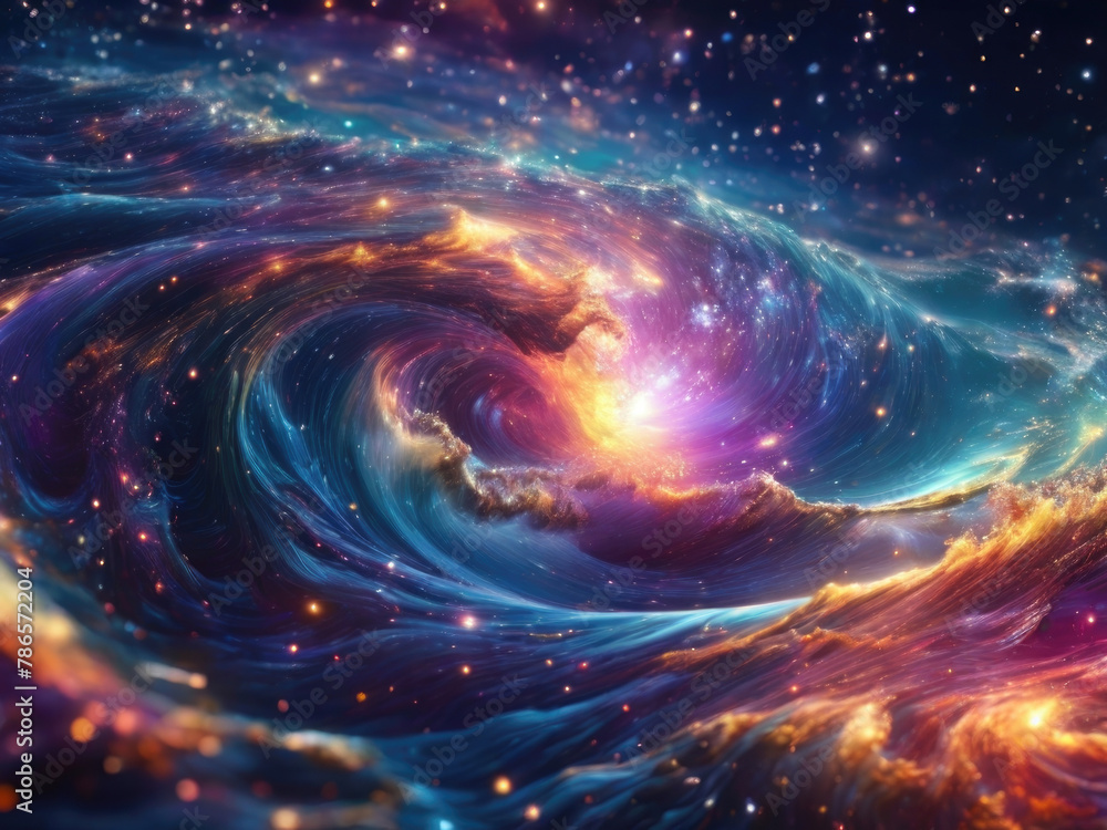Bright and colorful illustration of the universe, ablaze with the brilliance of stars and nebulae, depicted as a surging wave of cosmic radiance flooding the cosmos, capturing the majestic beauty Bright and colorful illustration of the universe, ablaze with the brilliance of stars and nebulae, depicted as a surging wave of cosmic radiance flooding the cosmos, capturing the majestic beauty