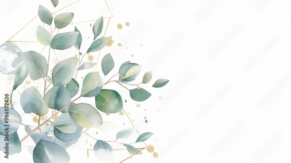 watercolor bouquet of green eucalyptus leaves and golden geometric shapes wedding invitation illustration watercolor bouquet of green eucalyptus leaves and golden geometric shapes wedding invitation illustration