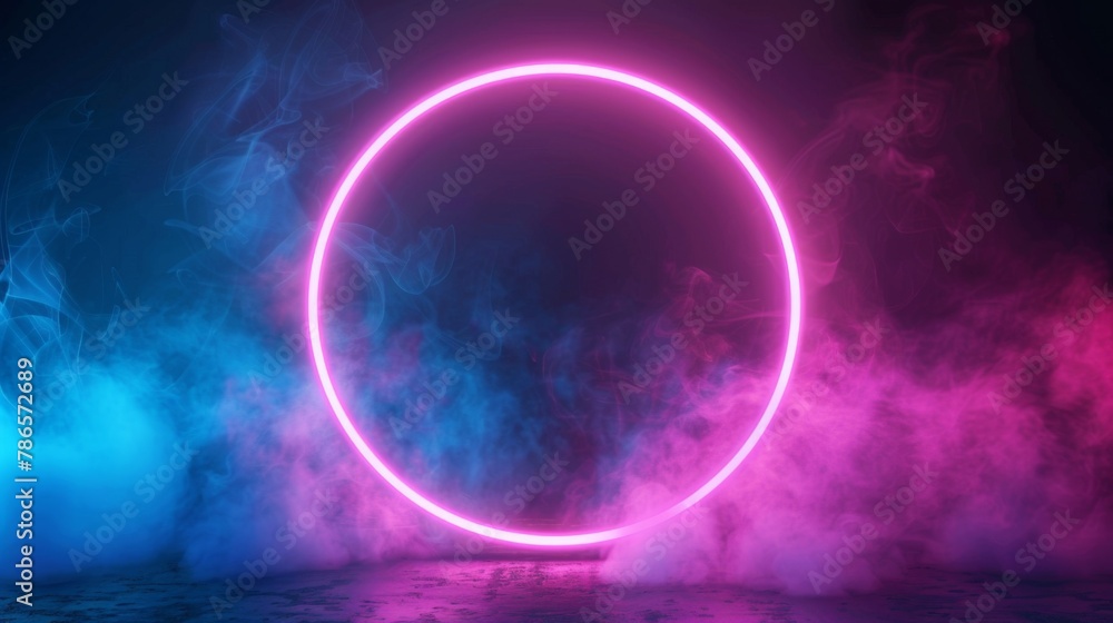 Neon light ring frame with smoke. Round border glow of blue and pink colors. Led circle portal with fog on a black background. Laser electrical shape template for design under text.
