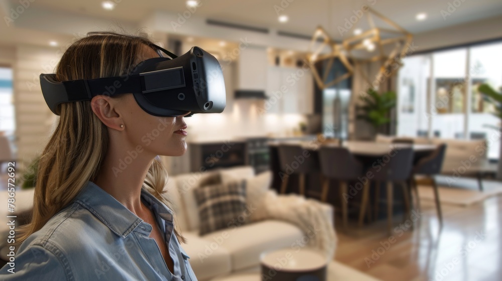 Woman Using Virtual Reality Headset in Living Room Woman Using Virtual Reality Headset in Living Room