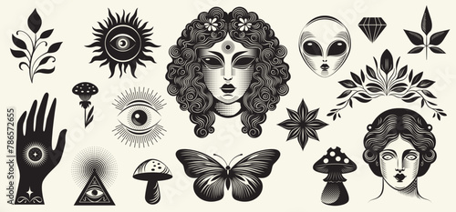 Set of magic esoteric symbols in vintage style, etching , monochrome logos design